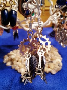 brass gears, Eiffel Tower, wing, earings